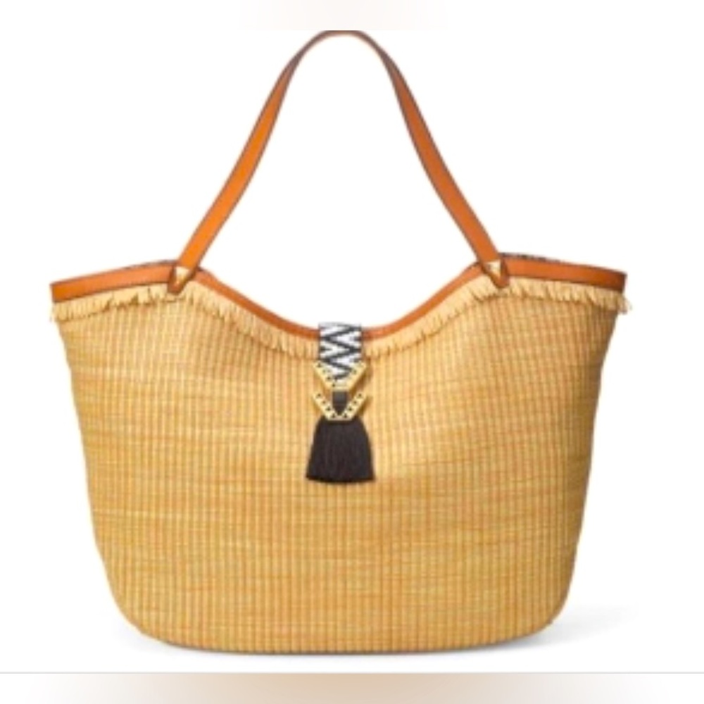New! Stella & Dot Large Straw Tassel Riviera Tote Woven Boho Western Accent Bag